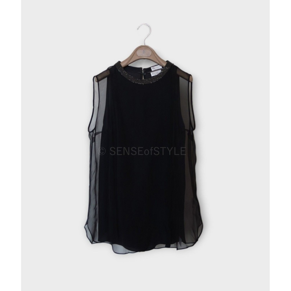 Brunello Cucinelli Silk top blouse designer Black Monili Trim Size S